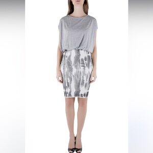 Faith Connexion Further Grey Jersey Blouson Bodice Feather Print Pencil Dress